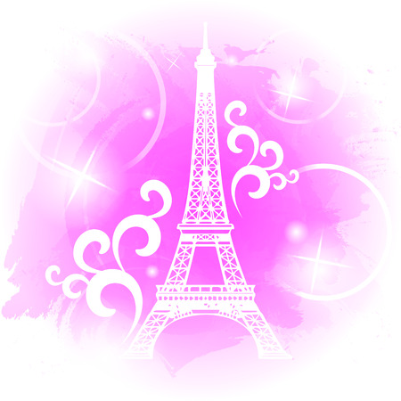 Silhouette of Eiffel tower on the pink watercolor backgroundのイラスト素材
