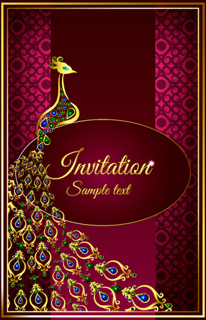 Wedding invitation or card with a peacock gem stones on abstract background. Islam, Arabic, Indian, Dubai decoration with patternのイラスト素材