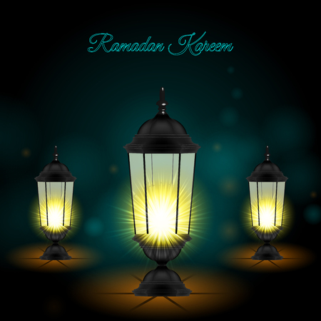 Ramadan Kareem Greetings with Set of Lanterns or Fanous in a Dark Glowing Background.のイラスト素材