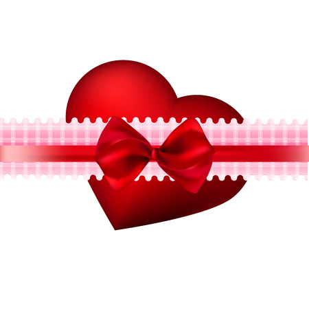 Red heart on a checkered pink ribbon with satin bow for Valentine's Dayのイラスト素材