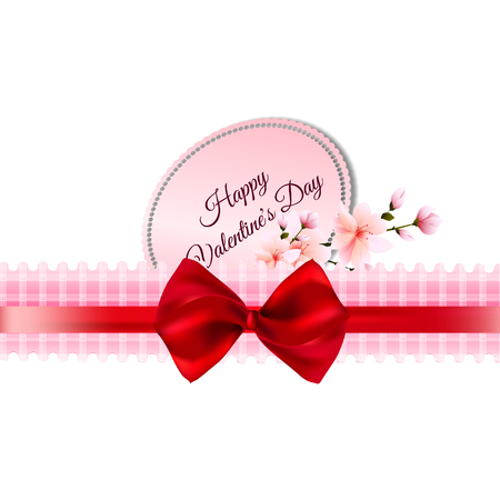 sakura flowers for a checkered pink ribbon with satin bow on wooden background for Valentine's Dayのイラスト素材