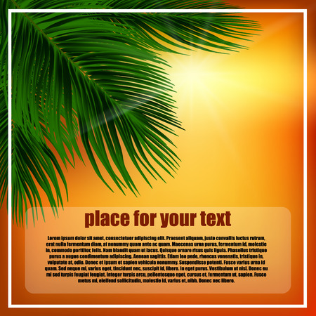 Summer background with orange sky, sunset, palm green leaves and place for textのイラスト素材