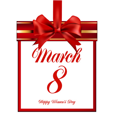postcard or card for the International Women's Day on 8 March hanging on red satin ribbon with a bowのイラスト素材