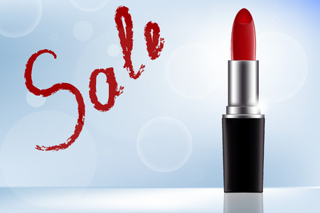 Vector illustration. Realistic tube of red lipstick on a soft blue background with glass. Inscription pomade saleのイラスト素材