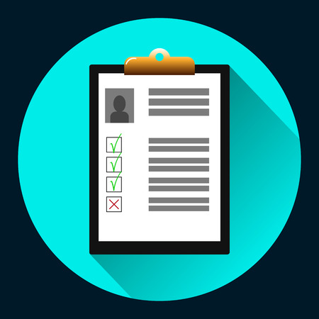 Clipboard with man silhouette icon . Curriculum vitae, job application form with profile photo concept. Premium quality. Top view. Modern flat design graphic elements. Vector illustration.のイラスト素材