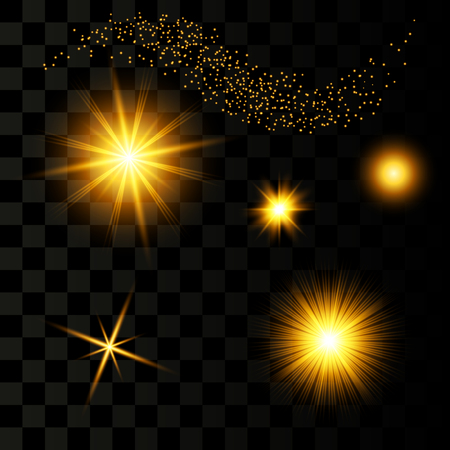 Golden glitter bokeh lights and sparkles. Shining star, sun particles and sparks with lens flare effect on transparent backgroundのイラスト素材