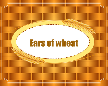 Realistic ears of wheat on a woven background in the form of a basket. Vector illustration.のイラスト素材