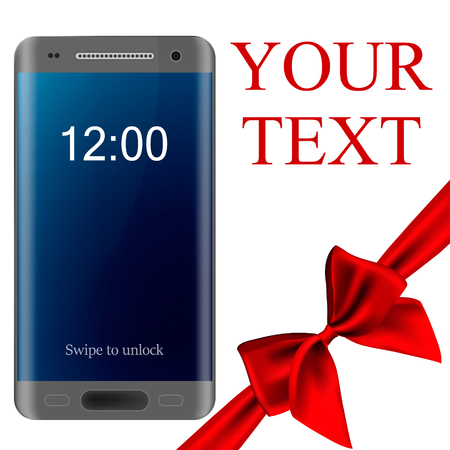 Advertising banner with realistic frameless smartphones with a red gift bow made of satin ribbon. Vector illustration.のイラスト素材