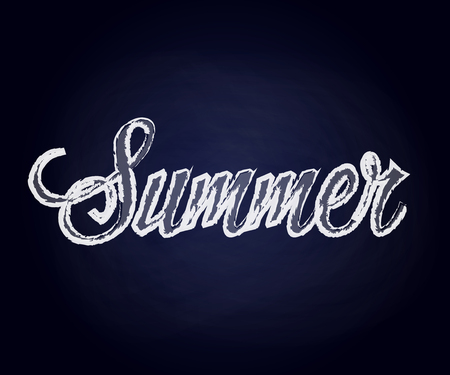 The word summer written in white chalk on a blue school board. Vector illustration.のイラスト素材