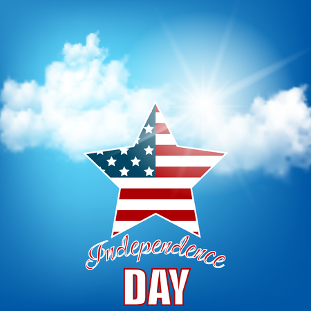 Vector illustration for Holiday Independence day of America. US flag against the blue sky, the sun and cloudsのイラスト素材