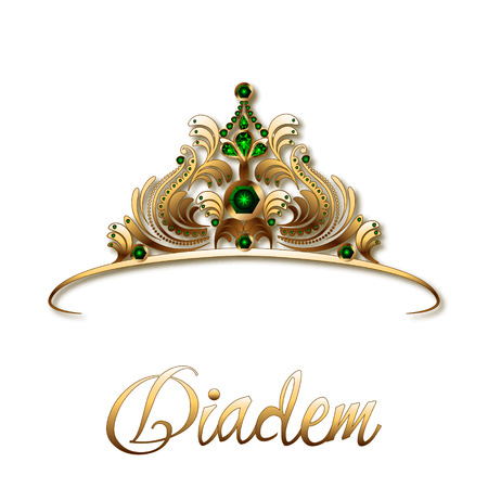 Diadem or crown made of gold and precious stones, emeralds on a white background.のイラスト素材
