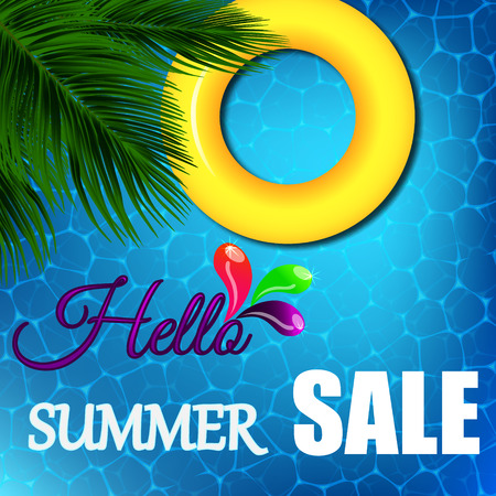 Summer banner with the announcement of discounts on the background of blue water with highlights and palm leaves.のイラスト素材
