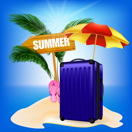 Realistic vector illustration with objects 3d: suitcase, slippers, palm leaves, wooden pointer and beach umbrella against the sky and ocean.のイラスト素材