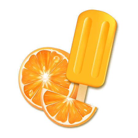 Fruit ice or ice cream with orange. Color dessert on a stick. Realistic vector illustration 3d on white backgroundのイラスト素材