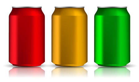 Set of realistic aluminum cans. Three metal bottles on a white background. Vector Illusion 3dのイラスト素材