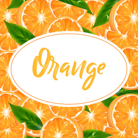 Label, sticker or background with realistic orange citrus. Vector 3d illustration with fruitsのイラスト素材
