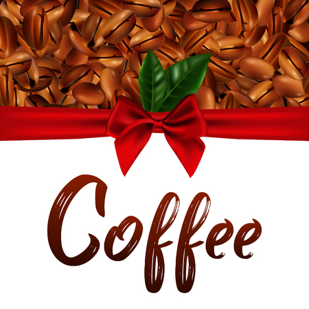 Vector 3d illustration with realistic coffee beans, red satin ribbon and green leaves on a white backgroundのイラスト素材