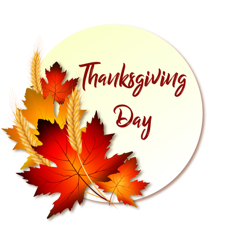 Label or a sticker for Thanksgiving with realistic leaves and ears of wheat on a white backgroundのイラスト素材