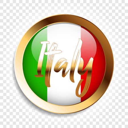 Round icon of the flag of Italy in a gold frame with an inscription. Vector illustration on a transparent background.のイラスト素材