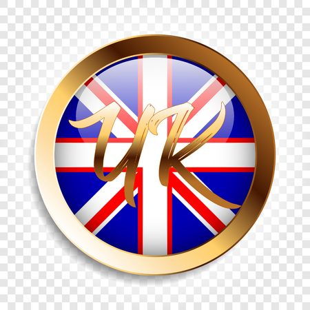 Round icon of the flag of Great Britain in a gold frame with an inscription. Vector illustration on a transparent background.のイラスト素材