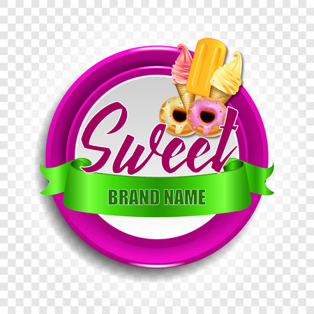 Round label or sticker with sweet donuts Round label or sticker with sweet donuts, ice cream and fruit iceのイラスト素材