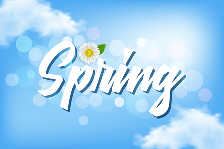 Inscription Spring against a blue sky with clouds and chamomileのイラスト素材