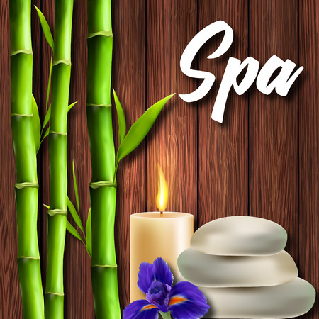 A poster of the Salon Spa. Realistic bamboo on a wooden backgroundのイラスト素材