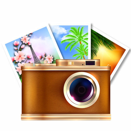 Retro old camera with photos. Travel illustrationのイラスト素材