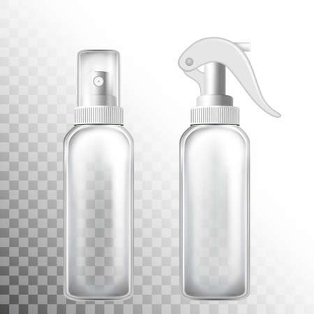 Transparent bottle set with atomizer on white and transporent background. Mock up bottle cosmetic or medical vial, flask, flacon 3d illustration for your designのイラスト素材