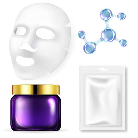 Realistic set of facial cosmetics. sheet face mask, cream jar, and cosmetic molecules.Vector 3d illustrationのイラスト素材