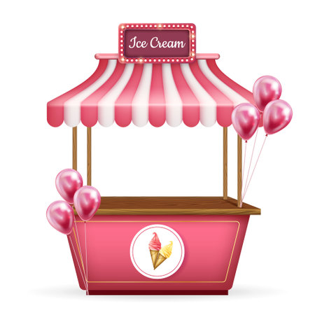 3d realistic vector cart, food kiosk stand. Pink shop with ice cream and balloonsのイラスト素材
