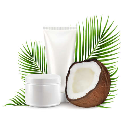 coconut cosmetics, vector illustration. Realistic coco with mockup cream tube, palm tree leaves.のイラスト素材