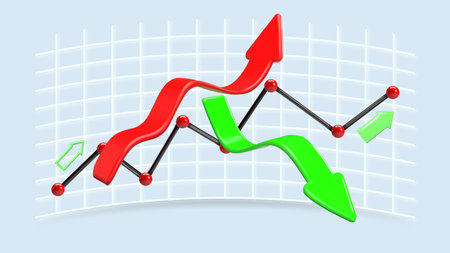 growth chart. trade arrow. stock price chart. Realistic 3D design, vector render. Change in value. Exchange trading. Annual and quarterly profit report.のイラスト素材