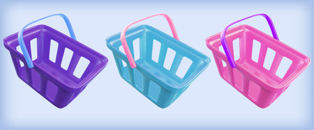 shopping cart. Realistic food basket set. 3d vector render in plastic style.のイラスト素材