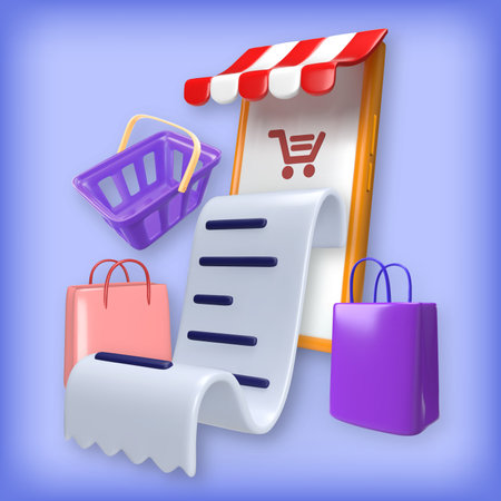Online store, Mobile shopping.Realistic vector illustration. 3d render of smartphone with canopy, purchase receipt, shopping bags and basket.のイラスト素材