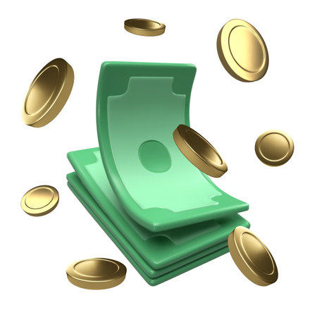 money. 3d render of realistic vector icon of paper dollars and coins.のイラスト素材