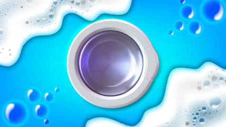 Washing machine door, soap bubbles and foam. Detergent or laundry design. vector illustrationのイラスト素材