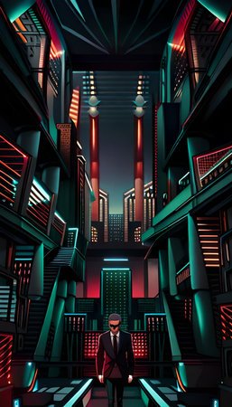 Futuristic cityscape with skyscrapers and neon lights.