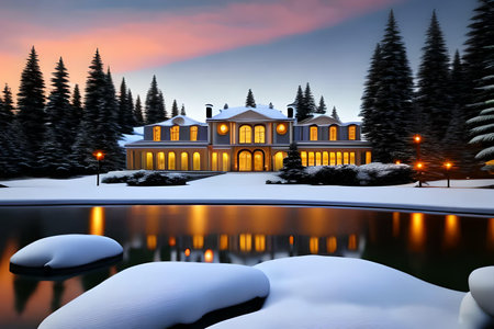 3D render of a beautiful house in winter with reflection in the lakeの素材
