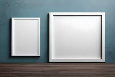 Two white frames on blue wall background. Mock up, 3D Renderingの素材