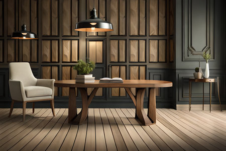Interior of modern living room with armchair, wooden floor and wooden wall. 3d renderingの素材