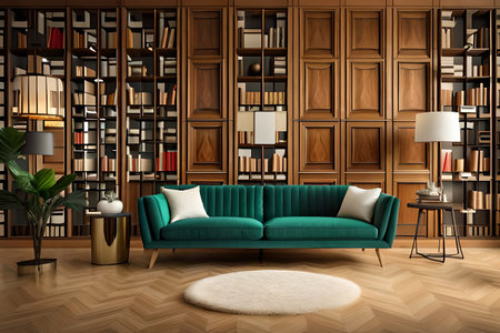 Interior of a living room with a green sofa and bookshelf. 3d renderingの写真素材