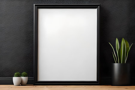 Blank picture frame mockup on black wall. 3d illustrationの素材