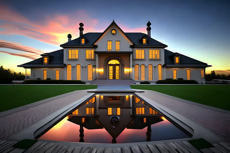 3d render of beautiful house with reflection in water at sunset.の素材