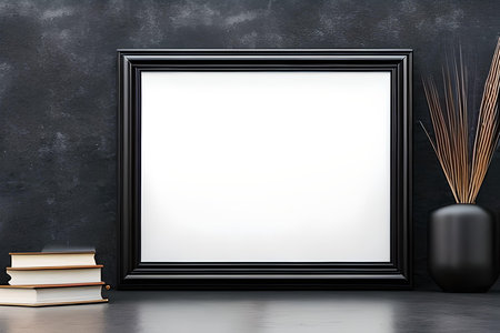 Blank picture frame mockup in black interior background. 3d illustration