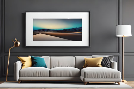 Living room with a sofa and a picture on the wall. 3d rendering