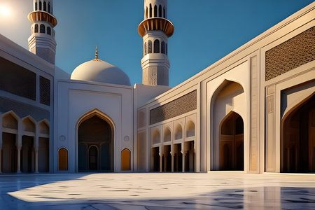 3d render of mosque with minarets and blue sky at sunsetの素材