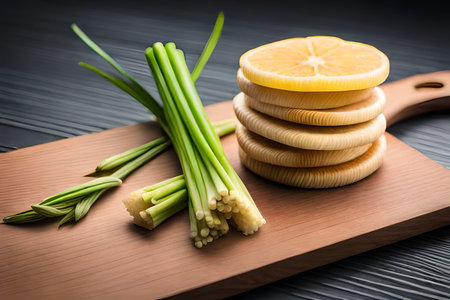 sliced lemon and celery on cutting board on wooden backgroundの写真素材