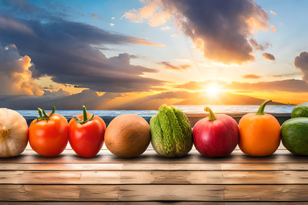 Fruits and vegetables on the wooden table with sunset sky background.の写真素材