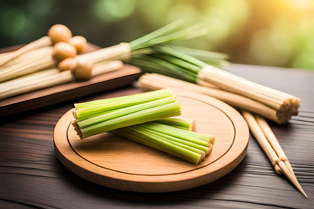 Bunch of fresh celery on wooden plate with chopsticks.の素材